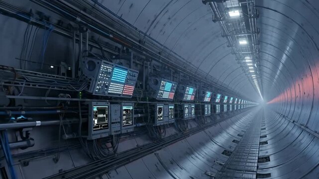 Futuristic Particle Accelerator Tunnel - A long shot of a futuristic particle accelerator tunnel interior.