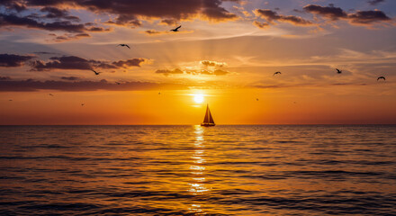 Obraz premium Sailboat Gliding Toward Sunset Under Vibrant Skies