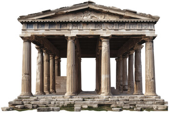 Ancient Greek temple stands tall with its iconic columns, highlighting classic architecture against a transparent background for clear visual impact