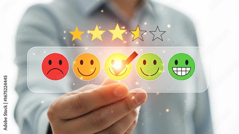 Poster hand selecting positive feedback smiley face rating - a person's hand interacts with a glowing trans
