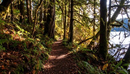 Obraz premium Sunlit forest trail by a lake