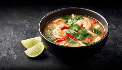 A delicious bowl of Tom Yum Goong, a spicy Thai soup with shrimp, lime, and herbs on a dark rustic table.
