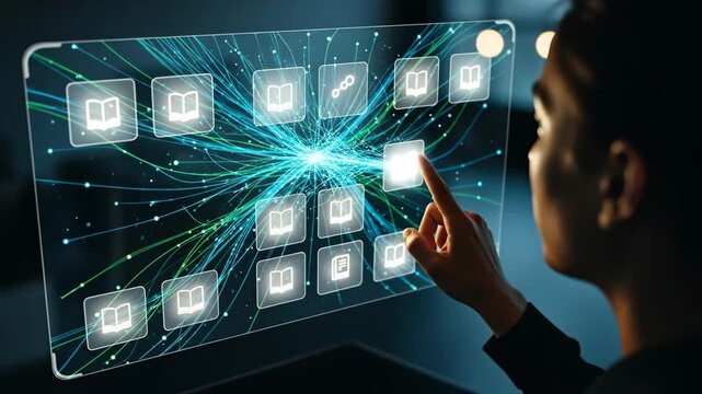 Online Learning Modules Interface - A person interacts with a digital interface showcasing online learning modules.