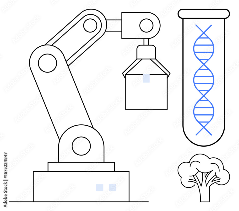 Poster automated robotic arm with dna strand in test tube, alongside a tree representing biotechnology synt