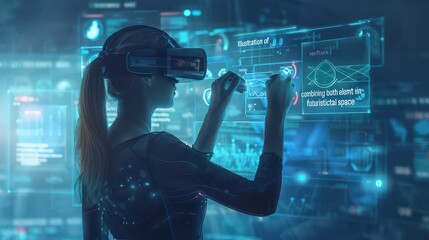 Woman using vr headset interacting with holographic display in a futuristic environment setting up data