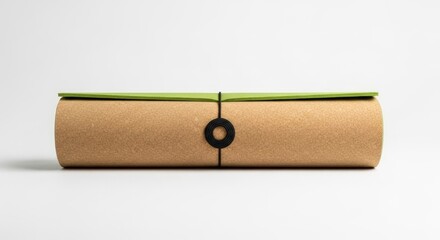 Rolled Up Cork Yoga Mat with Green Felt Detail on White Background