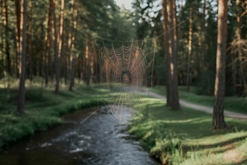 Fototapeta premium A serene forest stream flows through a sun dappled pine forest with lush green grass and a clear blue sky overhead creating a peaceful natural landscape
