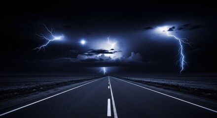 Dark Road Under Stormy Night Sky with Bright Lightning Bolts and Clouds