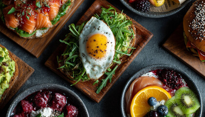 top view of a vibrant and healthy brunch spread, featuring avocado toast with eggs, salmon toast, and fruit bowls.