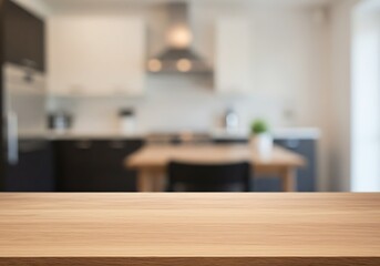 Empty wooden tabletop with a blurred modern kitchen background, perfect for product display