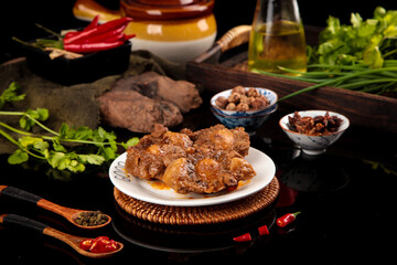 Traditional Braised Beef Stew with Spices and Fresh Herbs on Rustic Wooden Kitchen Table