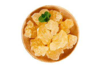 Traditional Yunnan Rock Sugar Candy Crystals in Wooden Bowl with Fresh Mint Garnish