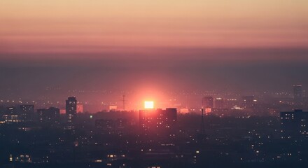 Naklejka premium Urban sunrise view, hazy city skyline with glowing orb-like sun