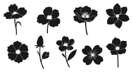 Collection of black and white flower silhouettes on a plain background