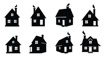Collection of simple black house silhouettes with chimneys and windows