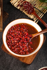 Fresh Red Beans Sweet Soup Guizhou Farms Traditional Asian Dessert Bamboo Mat Wooden Spoon