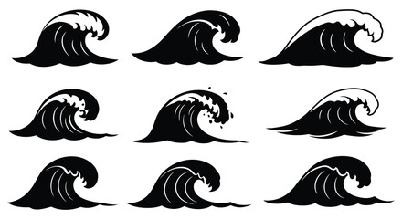 Collection of various wave silhouettes in different crashing positions