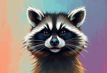 Obraz premium Whimsical raccoon portrait, vibrant gradient, textured brushstrokes, digital painting, animal, detail