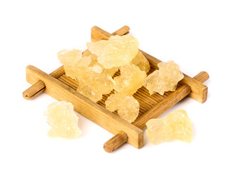 Golden Rock Sugar Crystals on Wooden Bamboo Tray - Natural Cane Sugar Sweetener