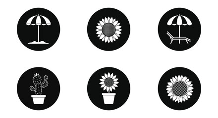 Summer vacation icons featuring umbrellas and flowers on black backgrounds
