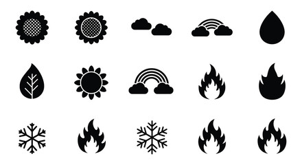Weather and climate icons in black and white on a plain background