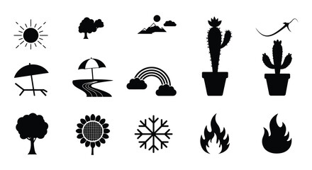 Collection of various weather and nature icons in black silhouette
