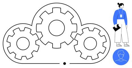 Cloud outline filled with gears, symbolizing technology and teamwork. Professional figure holding a document and profile icon. Ideal for cloud technology, collaboration, innovation, data integration