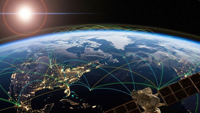 View of North America from space with data networks and a satellite.