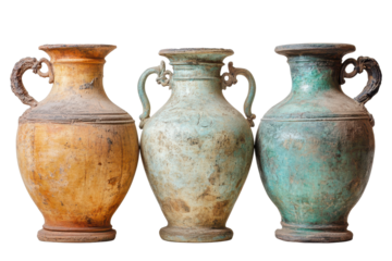 Three ancient amphorae displayed against a transparent background showcasing distinct colors and textures from past civilizations