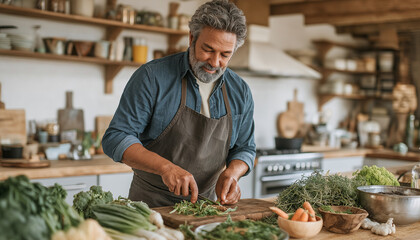 Older man chopping fresh vegetables in a kitchen, embracing a healthy lifestyle.