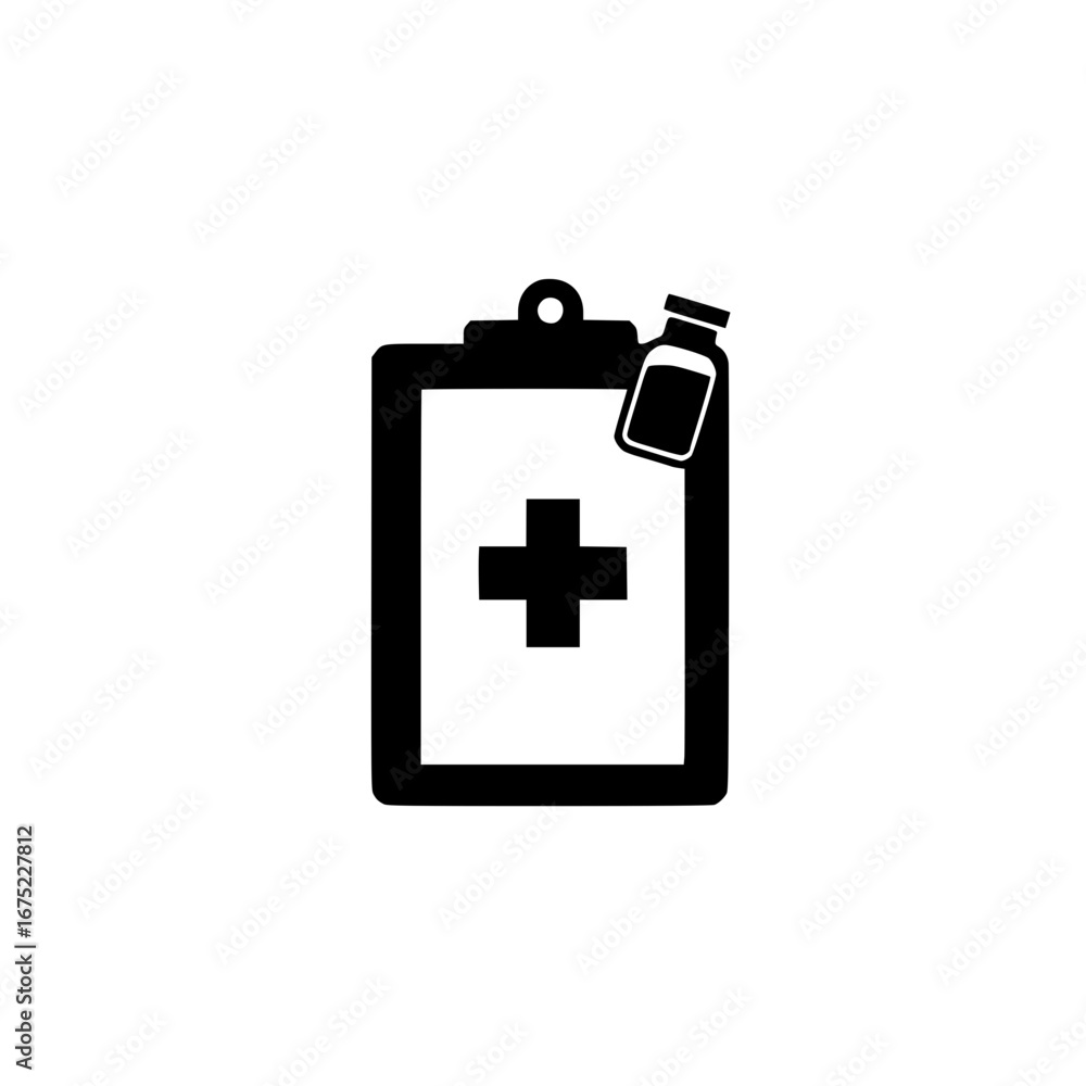 Poster clipboard graphic with medical plus sign representing health services documentation and data control
