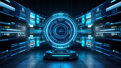 Advanced Futuristic Sci Fi Data Core With Blue Glowing Holographic Energy Sphere Displaying Complex Information Streams Interacting with Server Racks and High Tech Environment