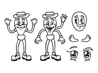 Set of vintage mascot elements. Line icons of arms, legs and facial expressions to create character in 30s style. Retro body parts. Cartoon outline vector collection isolated on white background.icon