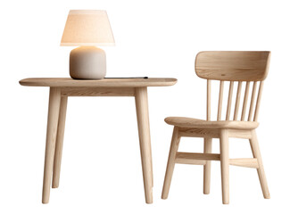 Isolated Wooden Table and Chair with Lamp on Surface