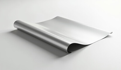 A single sheet of folded aluminum resting at a diagonal angle, surface catching reflective highlights, matte white background, clean industrial minimalism.
