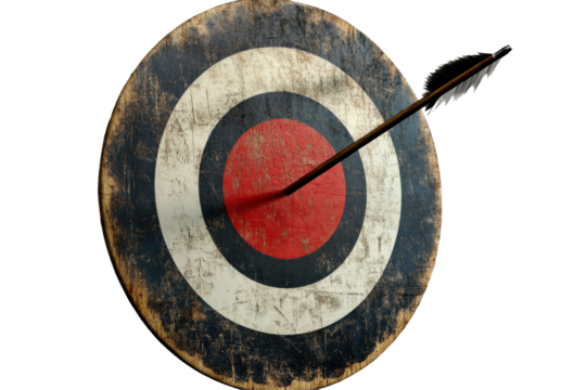 Bullseye with arrow positioned in the center of a classic target against a neutral background showing detailed texture and colors