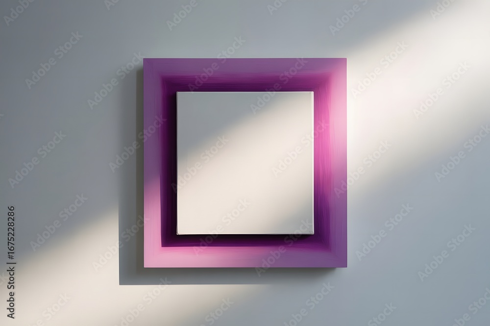 Poster A vibrant purple picture frame with a blank white insert is artfully displayed on a light gray wall bathed in soft diagonal sunlight creating a warm and inviting atmosphere