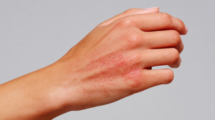 Eczema rash hand skin irritation closeup redness dry dermatology healthcare Redness and irritation from eczema rash hand closeup view showing dry skin texture neutral background healthcare