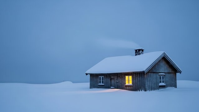 A rustic wooden cabin in a snowy field with a single lit window.