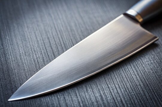 A silver knife with a black handle is laying on a wooden table