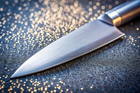 A silver knife with a black handle is laying on a wooden table