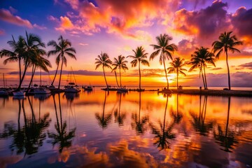 A beautiful sunset over a tropical beach with palm trees and boats in the water