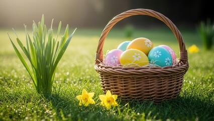 Fototapeta premium A wicker basket of colorful Easter eggs in a sunny green field with daffodils.