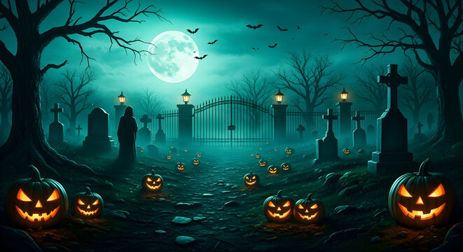 Spooky Halloween night with glowing jack o lanterns, bats, and a mysterious figure in a graveyard