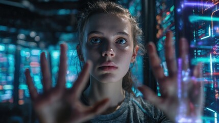 Obraz premium A young woman interacts with a futuristic digital interface. The image symbolizes advanced technology, big data and the future.