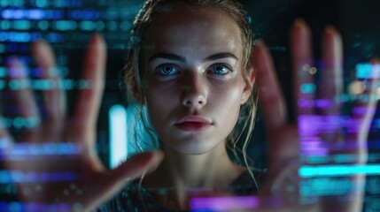 Obraz premium A thoughtful young woman studies complex data on a glowing screen. The photo represents learning, research, and scientific discovery.