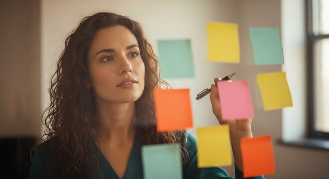 Woman planning, writing on clear glass with colorful sticky notes attached