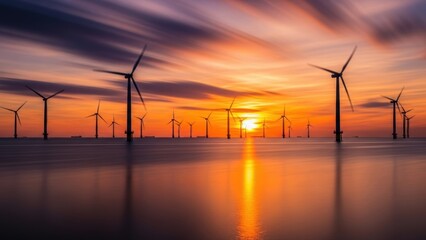 A line of offshore wind turbines at sunset with motion-blurred clouds.