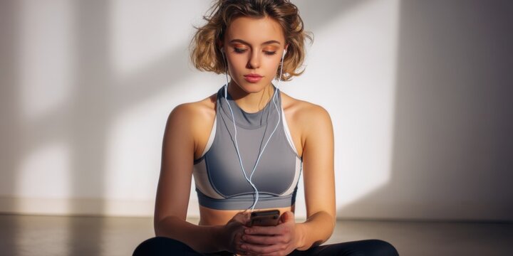 A tired young woman with a thoughtful expression is listening to music on her phone. She is taking a break during her workout or a hobby.