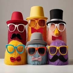 A whimsical group portrait of six colorful, fluffy characters dressed up in quirky hats, glasses, mustaches, and bow ties. A fun celebration of friendship and playful imagination.